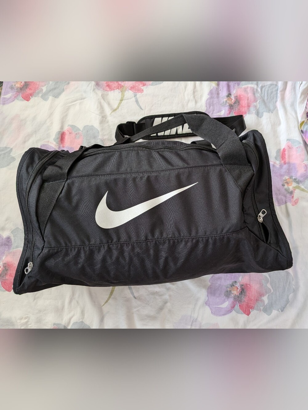 Nike Black Duffle Bag with White Swoosh - Men's Travel & Gym Bag